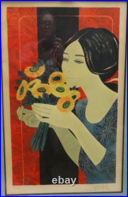 Yves Ganne. Lithographie originale signée et numérotée, la femme au bouquet